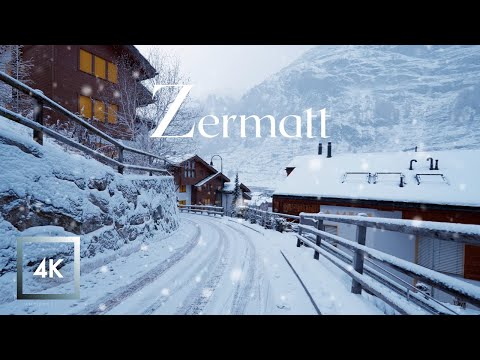 Snowfall in Zermatt Switzerland and Mattervispa, Winter Snow Walk and City Sounds