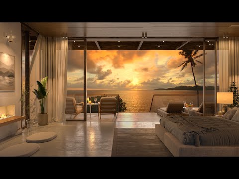 Bedroom Luxury Ambience Sunset on the Beach - 4k Smooth Piano Jazz Music to Relax, Study, Work