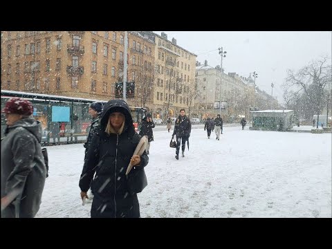 Snowfall in Stockholm, Vasastan | Walking in Sweden Winter Snow 4K #344