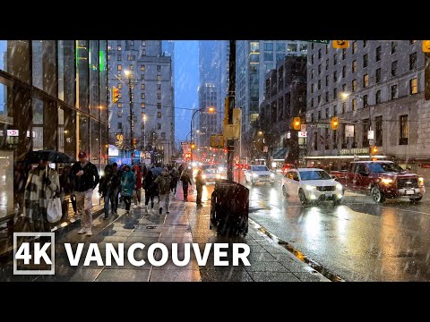 【4K】Downtown Vancouver Night Walk in Snow | Canada (Sounds Of Snowfall)