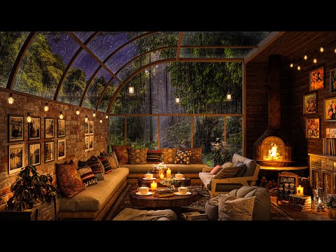 🌧 Rainy Night Forest at Cozy Coffee Shop - Smooth Jazz with Rain Sounds For Relax, Study and Sleep