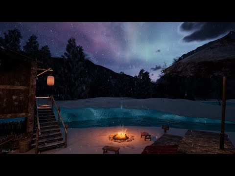 Camping Ambience On A Winter Night With An Aurora View | Crackling Fire, Owl, Water Sounds