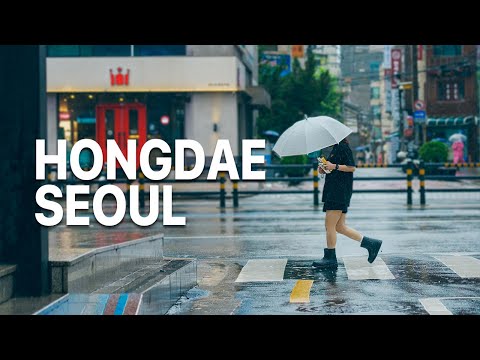 It's raining on Hongdae Street Seoul | Walking Tour | Rain Ambience Sounds 4K HDR