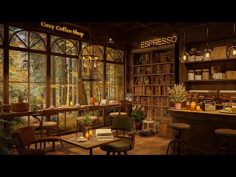Warm Relaxing Jazz at Cozy Coffee Shop 4K 🍁 Autumn Rain Forest View with Jazz Music for Study, Work