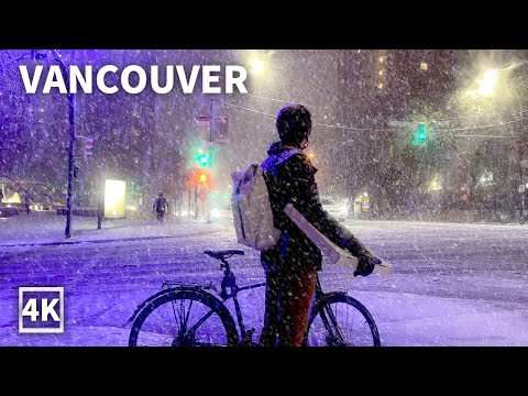 【4K】Downtown Vancouver Night Walk in Heavy Snow and Wind | Canada (Sounds Of Snowfall)