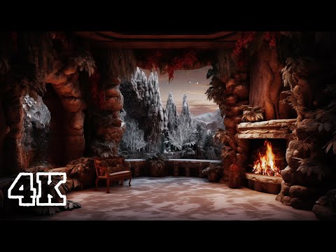 Relax In A Cozy Winter Cave | Snowfall, Howling Wind and Fireplace Sounds for Sleeping | 4K 8Hours
