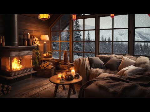 Snow Falling Day in Cozy Winter Cabin Ambience with Fireplace Sound and Snowfall view