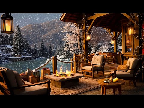 Cozy Winter Porch Ambience ⛄ Smooth Jazz Background Music with Snowfall & Fireplace Sounds for Relax