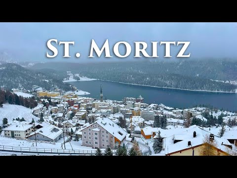 St. Moritz, Switzerland 4K - Snowy Scenic Walk, Relaxing Snowfall Video - Travel Vlog, Walking Tour