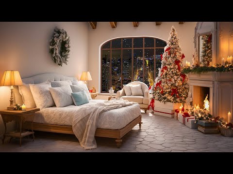 Winter Ambience in Cozy Bedroom - Smooth Piano Jazz With Crackling Fire for Sleep - Snow on Window