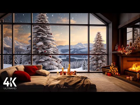 Winter Cozy Hut in Snowfall Ambience - 4K❄️ With Crackling Fireplace, Snow Falling & Relaxing Wind