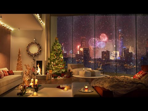 ️🎊 Welcome New Year 2024 in Cozy Bedroom 🥂 Soft Jazz Music with Snowfall & Fireplace to Relax, Sleep