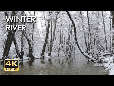 4K HDR Winter River - Snowy Forest Stream - Flowing Water & Snowfall - Sounds for Sleep & Relaxation