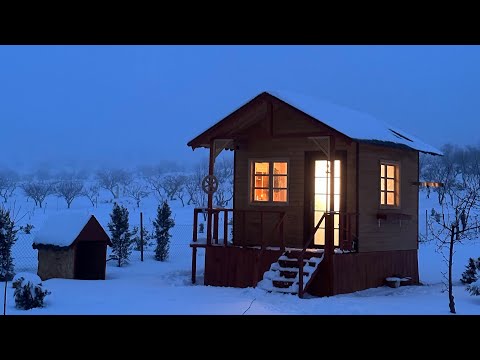 Winter Camp in Wooden House / Snowfall, Heavy Rain and Wind / 4K Relaxing Camping video